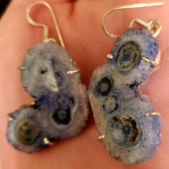New Oversized Blue Solar Quartz Agate Silver Earrings. - Picture 10 of 14